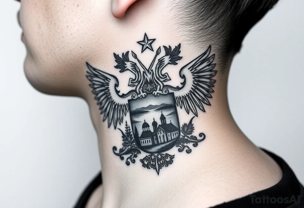 Traditional authentic Russian coat of arms with double headed eagle & a well shaded Christian orthodox virgin marry in the middle with silhouette of a lake in a Russian wilderness Christian orthodoxy dome church village setting on the side of my neck tattoo idea