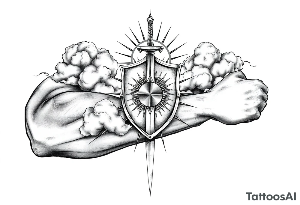 clouds, shield, sword, sun ray tattoo idea