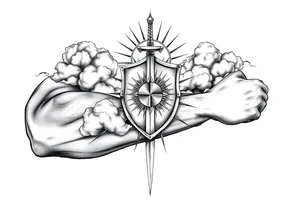 clouds, shield, sword, sun ray tattoo idea