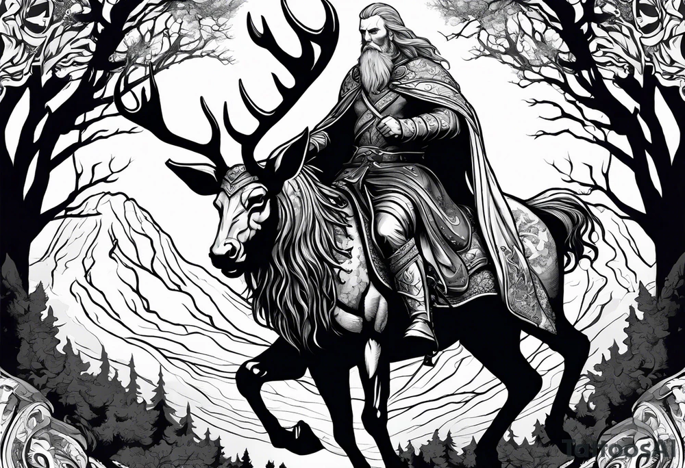 Nordic god Balder in the land of the dead riding on an undead stag with no face tattoo idea