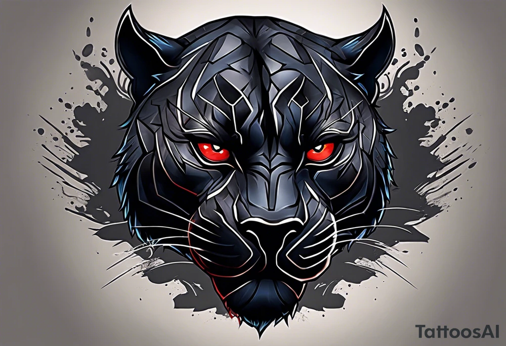 unique black panther tattoo, dynamic pose, showcasing its strength and grace, striking red eyes, intense and captivating elements, artistic flair, blending realism with abstract elements tattoo idea