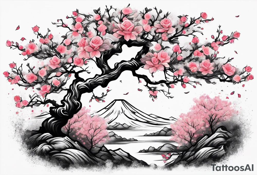 Sakura tree wrapped in roses tattoo idea
