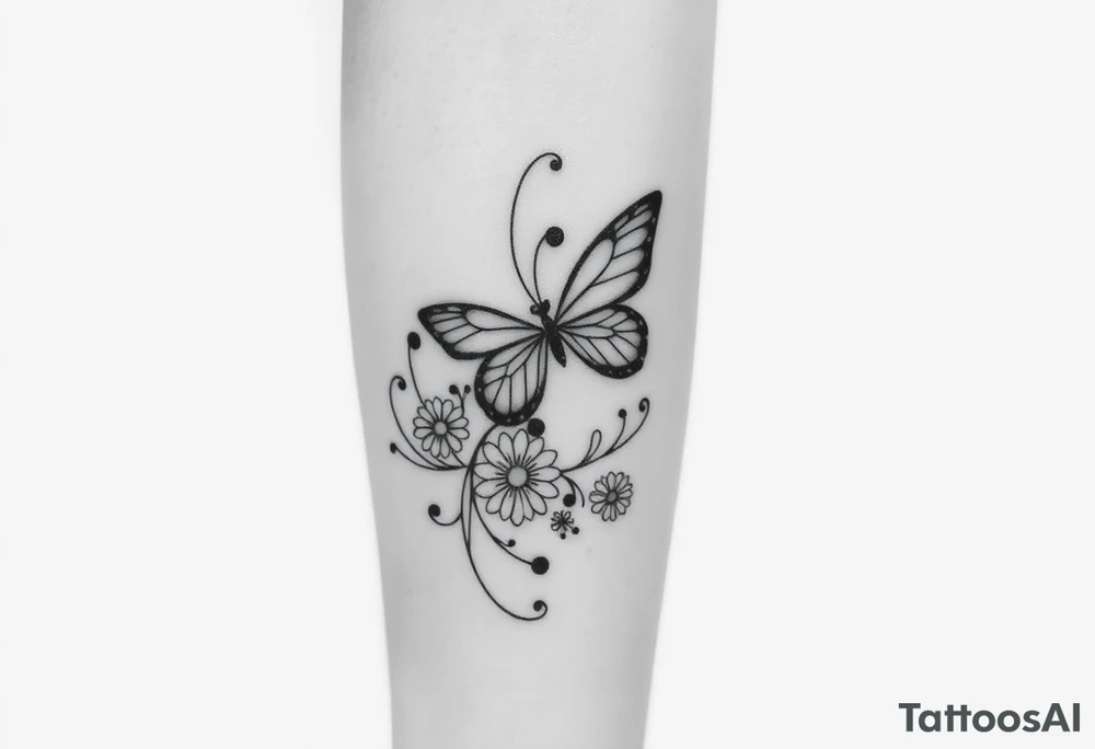 swirl pattern with butterfly and daisy leg tattoo design drawon on leg. i want to sell this in zepeto i want it too be shown on thigh to ankle and be asymmetrical please also show the overall image of total leg too 

ㅁ tattoo idea