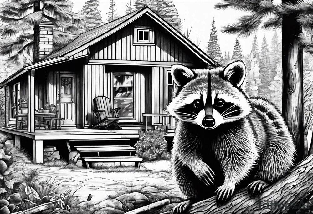 Hard working Raccoon Husband
Raccoon wife and Child in the Back
Background House and woods tattoo idea