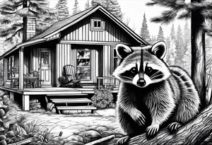 Hard working Raccoon Husband
Raccoon wife and Child in the Back 
Background House and woods tattoo idea