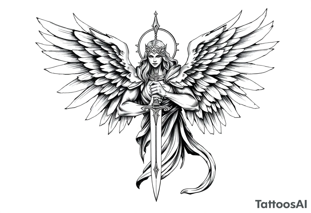 Holy Archangel, Biblical, Christianity, Hebrew, Guards of Christianity, Holding a sword, having six wings, seraphim, seek justice, walk only with God tattoo idea