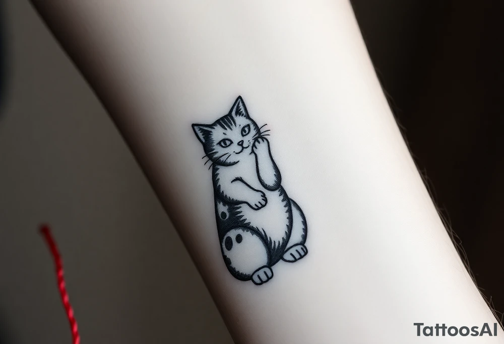 chinese chopsticks with a red thread by the end of it,
about 5cm long , 1 cm wide
it goes into the anterior part of the left wrist
besides the chopstick lies a chinese cat drawing waving its riht arm tattoo idea