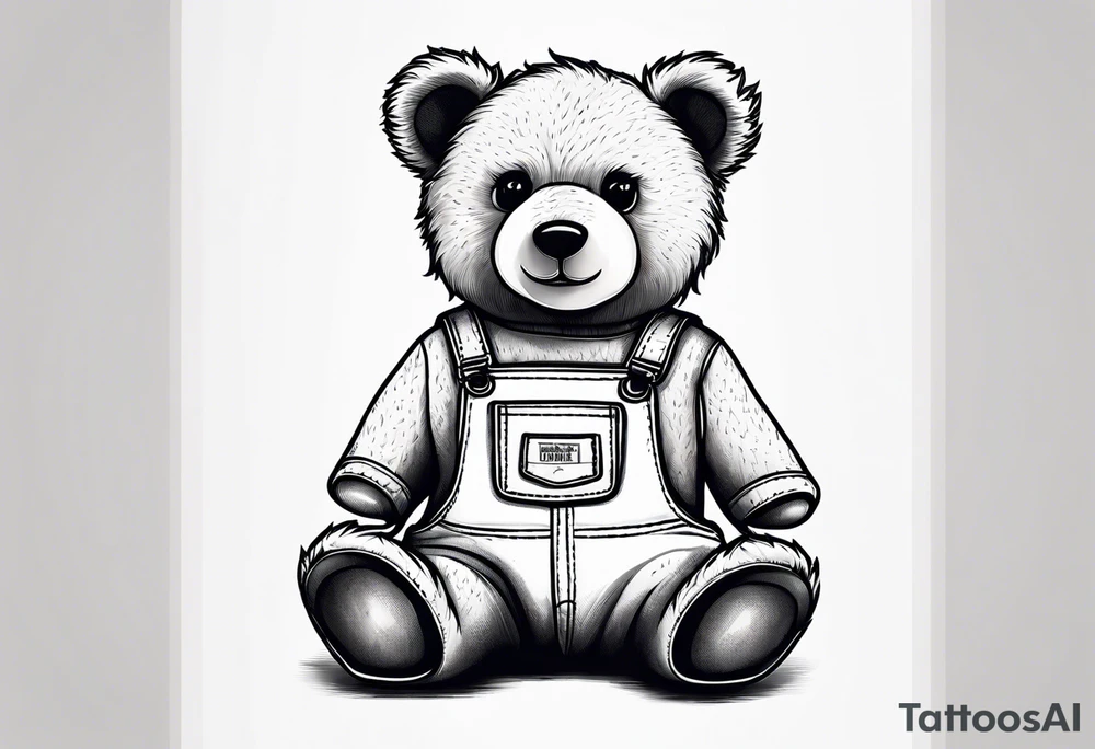 the back of a teddy bear wearing overalls tattoo idea