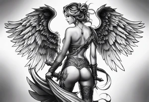 A fineline tattoo on a back with a sword down the spine a goddess in the right side and angel wing in the left side tattoo idea
