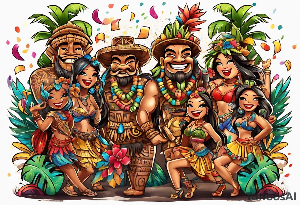 tiki party with dancing tiki guys and sexy tiki girls with music notes and confetti tattoo idea