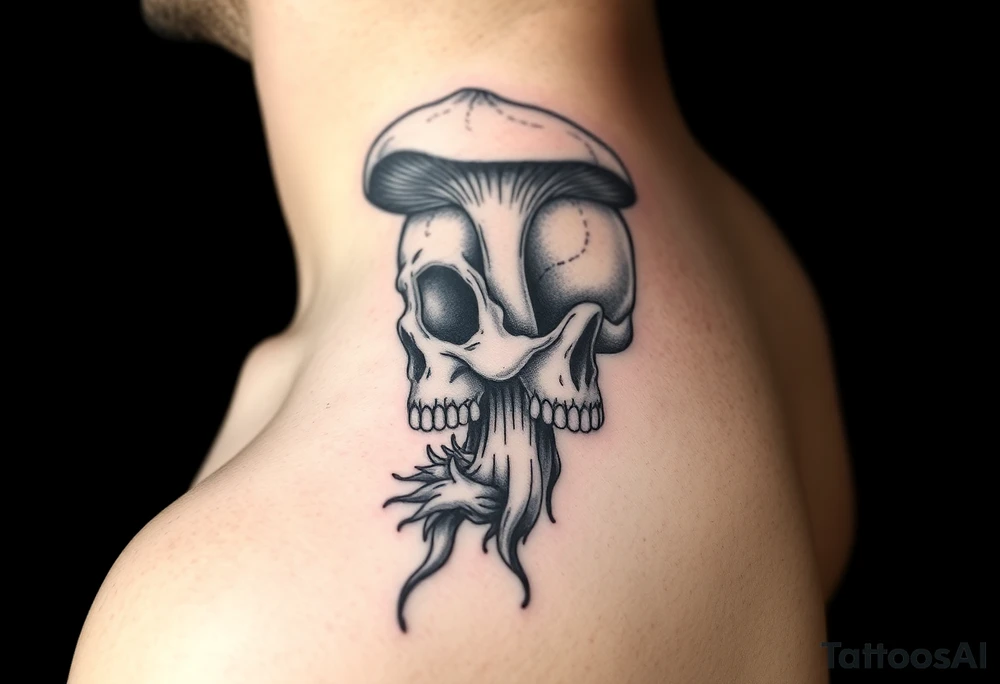 right side of a skull with majestic mushroom out of its eyes and mouth tattoo idea