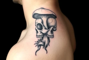 right side of a skull with majestic mushroom out of its eyes and mouth tattoo idea