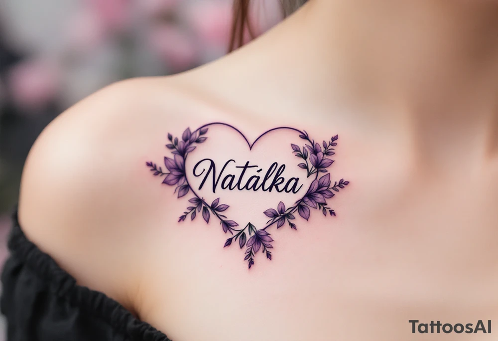 A soft purple heart with floral accents surrounding the name Natálka. tattoo idea