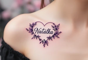 A soft purple heart with floral accents surrounding the name Natálka. tattoo idea