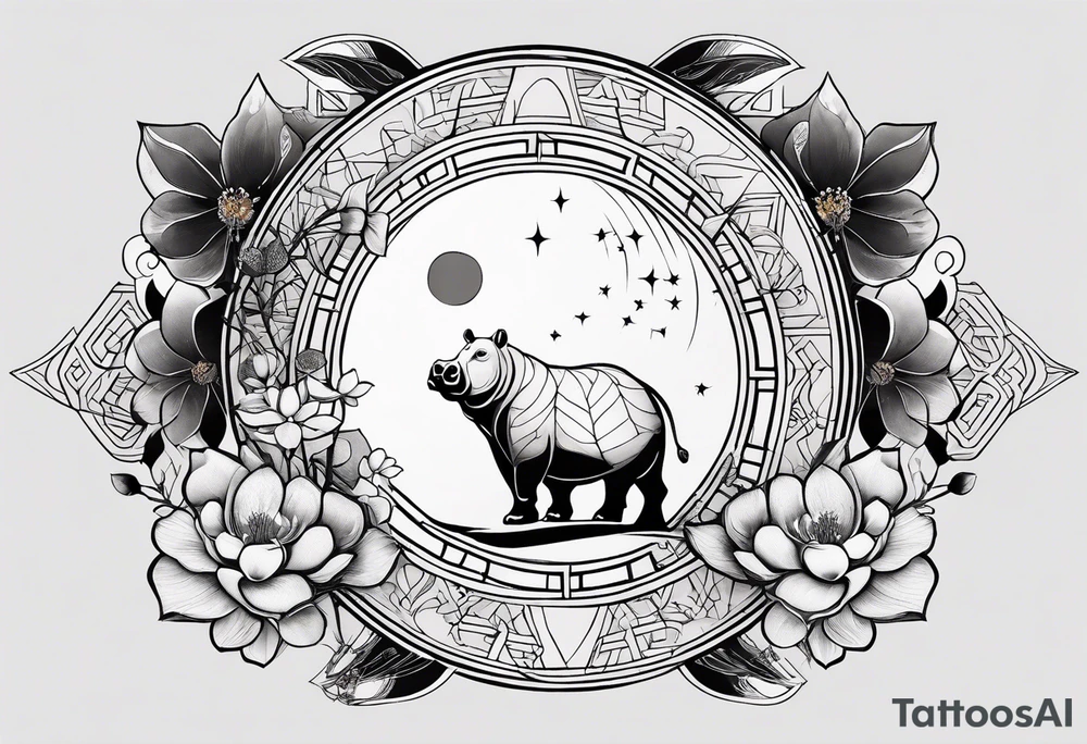 Very asymmetrical, +geometric pattern, with realistic full moon, with hippo, +zen feel, + Buddhism touch, +tribal, +geometric, +inkart 
with wintersweet flower bud, +portrait orientation, +inkart touch, tattoo idea