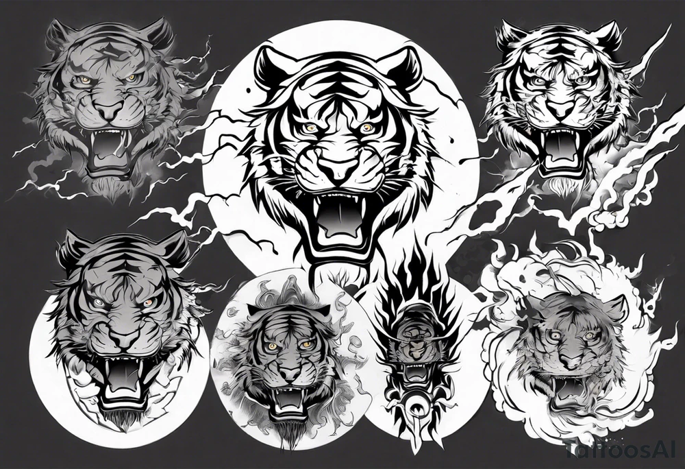 Tiger warrior with lightning and the sun for a forearm sleeve tattoo idea