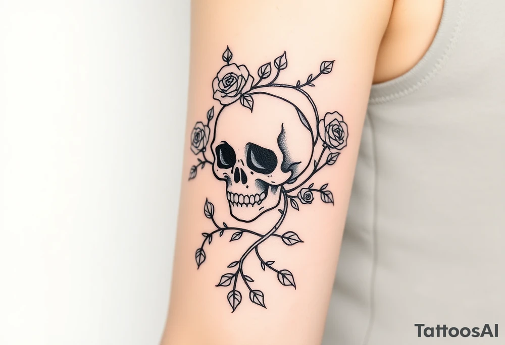 gothic skull intertwined with climbing roses and thorny vines tattoo idea