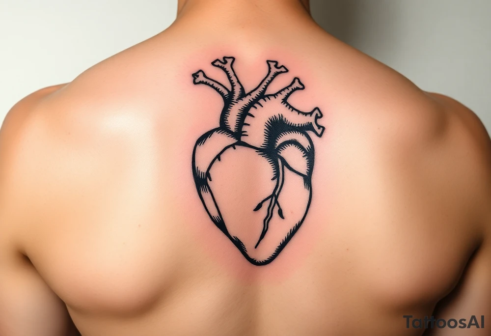 woodcut realistic heart tattoo on back of tricep tattoo idea