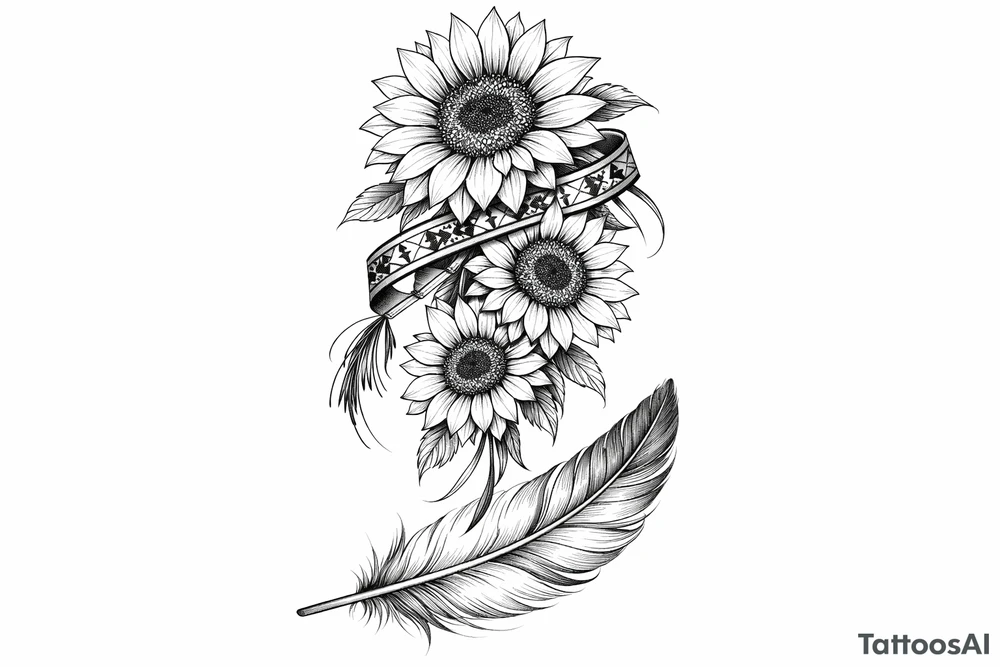 3 cascading sunflowers wrapped in simple Native American ribbon on top of a feather tattoo idea