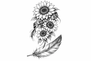 3 cascading sunflowers wrapped in simple Native American ribbon on top of a feather tattoo idea
