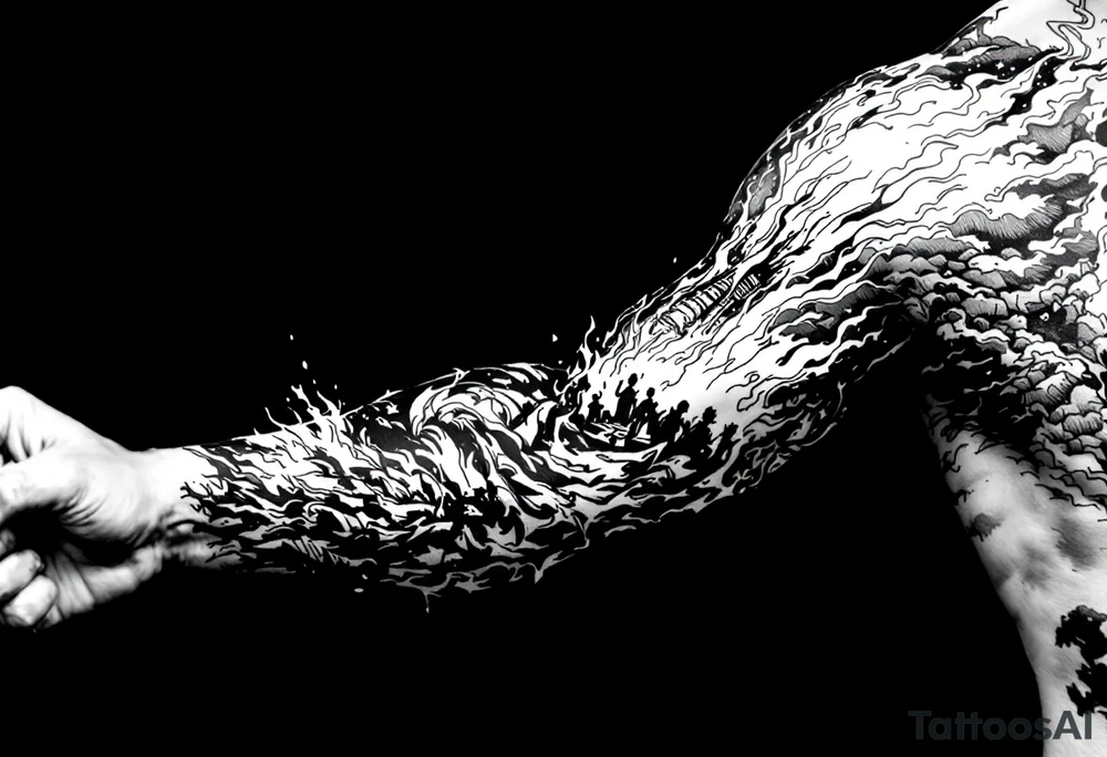 this will be a right arm sleeve.

A crumbling tower struck by lightning, with people scattering in chaos.
Fire raining down from heaven on a burning city, with smoke rising.
A blazing altar with fire falling from heaven
 Floodwaters overtaking the earth, with an ark in the distance. tattoo idea