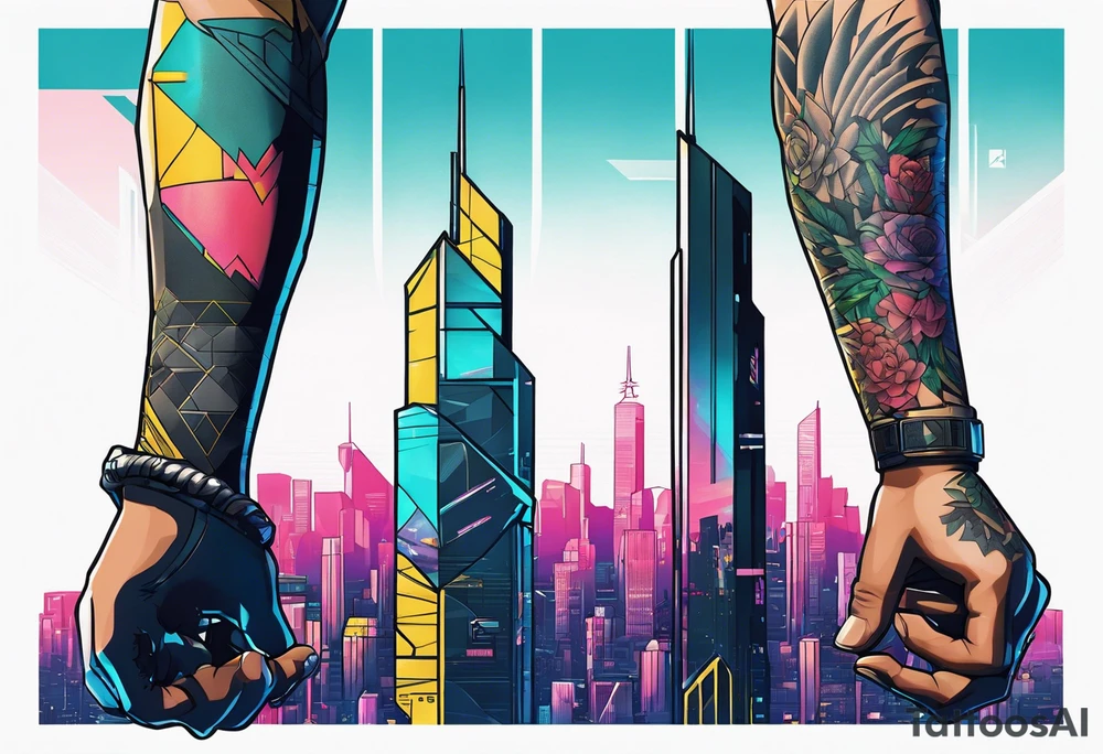 cyberpunk 2077, forearm tattoo, geometric, subtle, men, city skyline, bright colour, tattoo idea