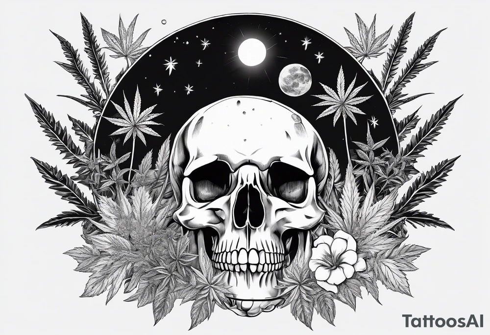 Minimal line art of cannabis plant from base to top with buds blooming. Mushrooms sprouting out of cat skulls. Incorporate the solar cycle and lunar cycle. Add crystals tattoo idea