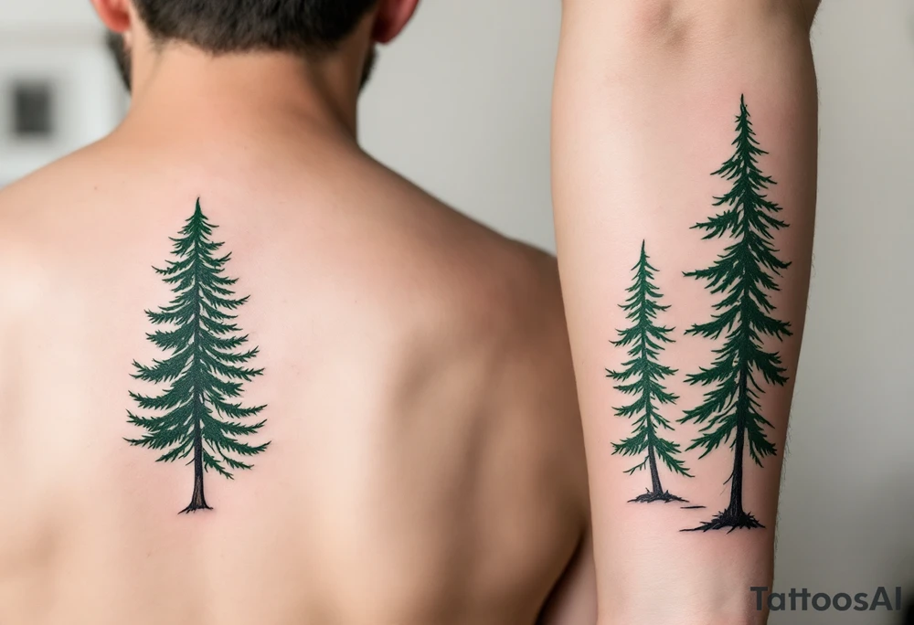 Two matching pine trees in forest green ink, the first taller and on the back, the second smaller and on the inner arm. tattoo idea