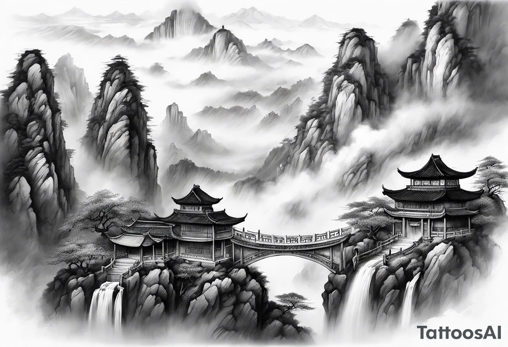 forearm sleeve traditional chinese art painting style mountains mist fog waterfall Chinese temple two old men wearing robes and drinking tea tattoo idea