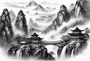 forearm sleeve traditional chinese art painting style mountains mist fog waterfall Chinese temple two old men wearing robes and drinking tea tattoo idea