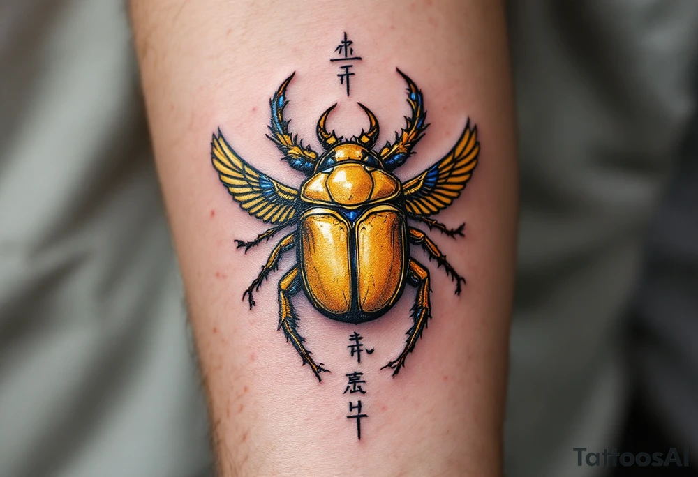 A golden scarab beetle with sapphire wings and black hieroglyphic inscriptions beneath. tattoo idea
