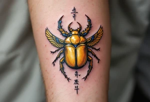 A golden scarab beetle with sapphire wings and black hieroglyphic inscriptions beneath. tattoo idea