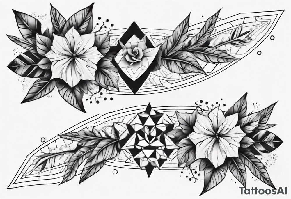 full arm tattoo. pointy leaves combined with geometric shapes. whole arm tattoo idea