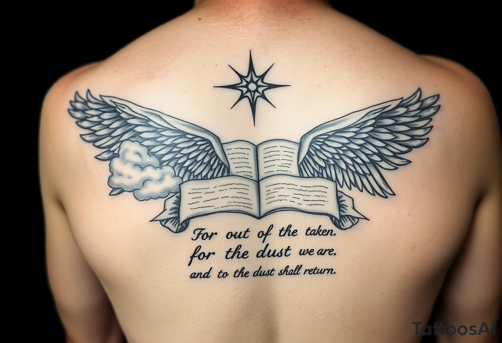 A black and white tattoo that will be placed in the forearm, the tattoo is based on biblical images such as clouds, angels, wings, gods hands, wisdom, glory and a journal pages style with a text reading “For out of the ground we were taken for the dust we are and to the dust we shall return” tattoo idea