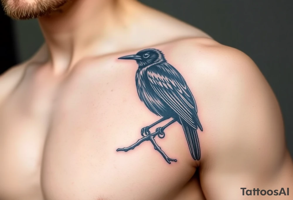 Male European Blackbird sitting on a branch tattoo idea