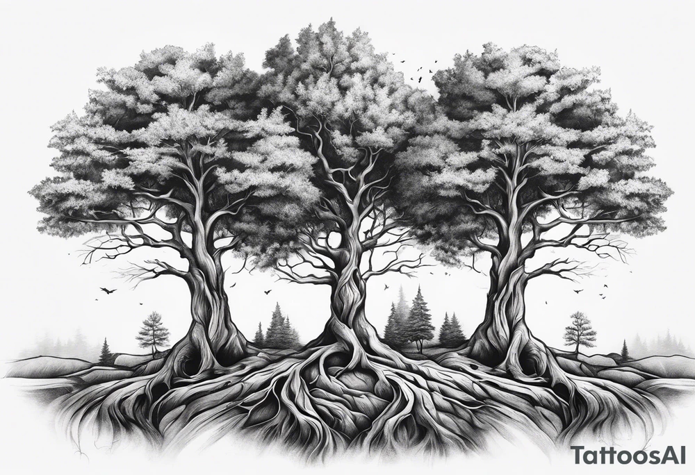 3 trees growing out of the same root tattoo idea