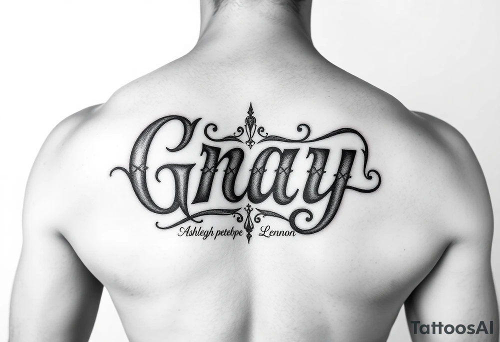 Tattoo design with the concept of our last name "Gray" with all our first names incorporated into it. "Bradley, Ashleigh, Penelope, Lennon". tattoo idea