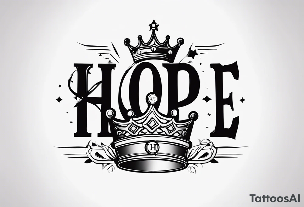 H.o.p.e lettering made with broken clock and king crown tattoo idea