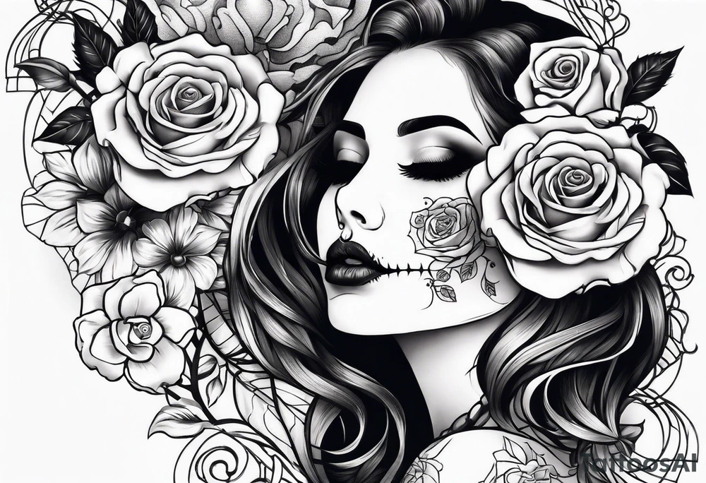 chest tattoo covering lover part of the neck. contains skulls, roses and muertos style girls tattoo idea