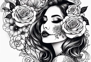 chest tattoo covering lover part of the neck. contains skulls, roses and muertos style girls tattoo idea