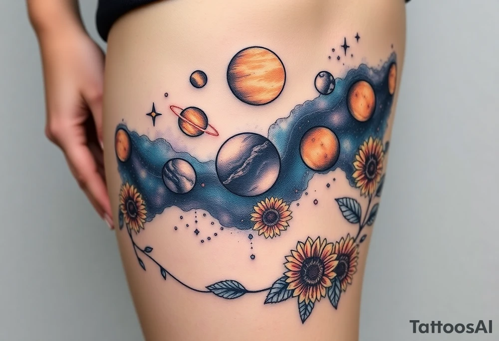 Milky way galaxy with planets with zodiac symbols and protection runes in it with tigerlillies roses and sunflowers tattoo idea
