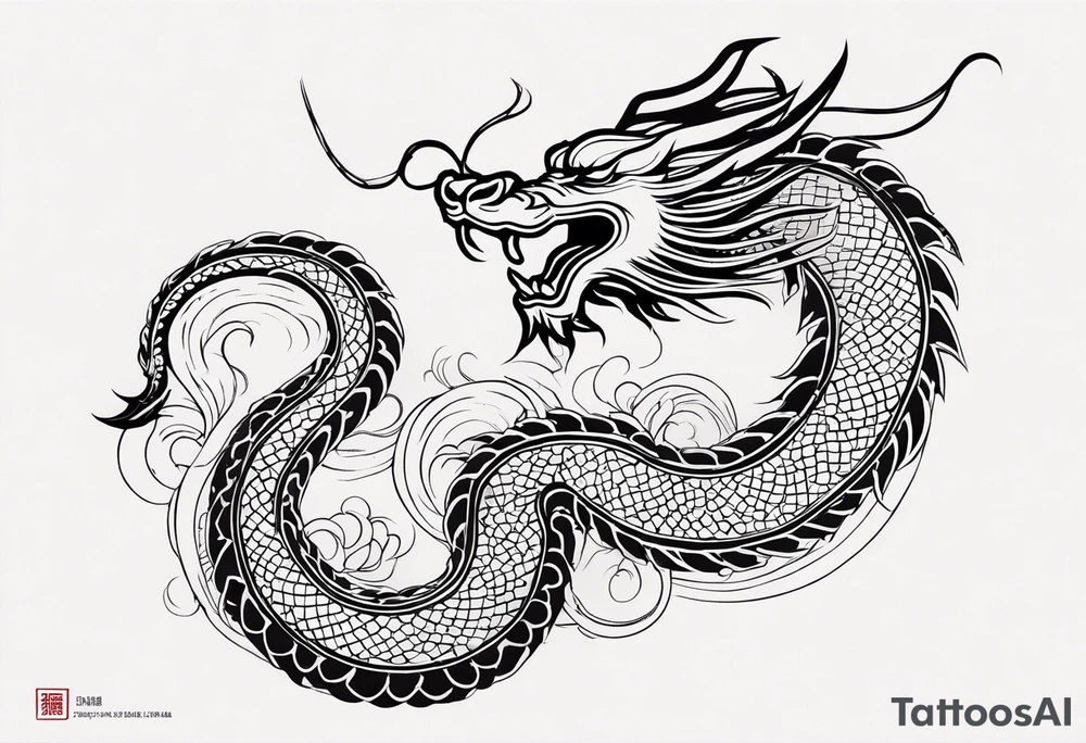 Create a detailed sketch of a Chinese dragon tattoo. The dragon should be depicted in a dynamic, serpentine pose, with its body coiled and flowing gracefully. Emphasize its ornate features: long, sinuous body covered in intricate scales, powerful claws, and a fierce, expressive face with prominent whiskers and a beard. Include traditional Chinese elements like clouds or waves to enhance the composition. Use clean lines and bold shading to ensure the design is suitable for a tattoo, with a focus on capturing the dragon's majestic and mythical qualities tattoo idea