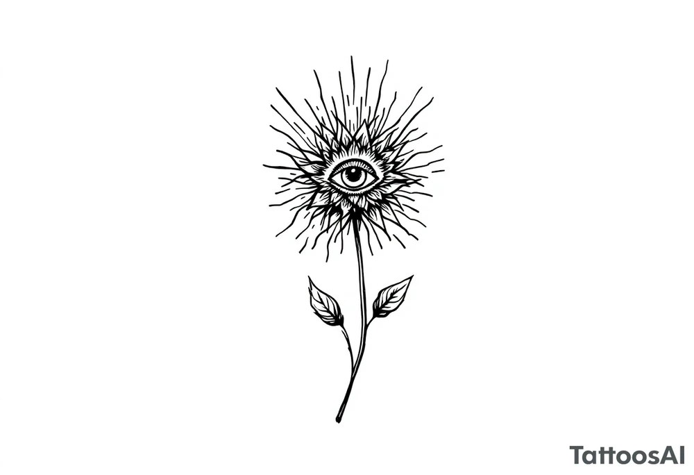 A long flower with stalk and leaves and with the centre being an eye and around the petals having black sunrays tattoo idea