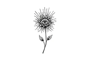 A long flower with stalk and leaves and with the centre being an eye and around the petals having black sunrays tattoo idea