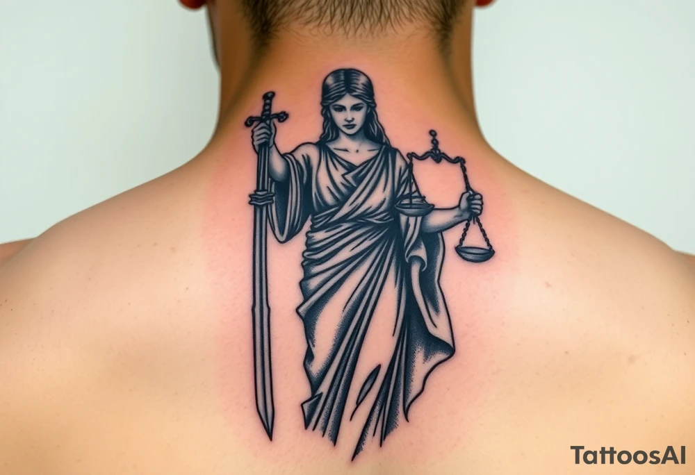 Neotraditional Lady Justice tattoo, in greco-roman robe, roman sword in one hand facing down, scales in other hand, rich colors tattoo idea