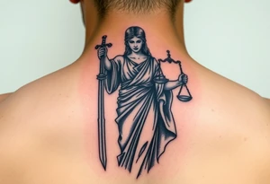 Neotraditional Lady Justice tattoo, in greco-roman robe, roman sword in one hand facing down, scales in other hand, rich colors tattoo idea