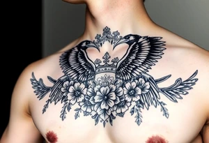 Chest tattoo,powerful majestic ravens with a crown, surrounded by floral ornaments and birds tattoo idea