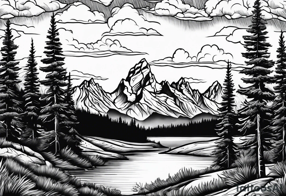 Half sleeve of Teton mountain range with trees lining the bottom of tattoo tattoo idea