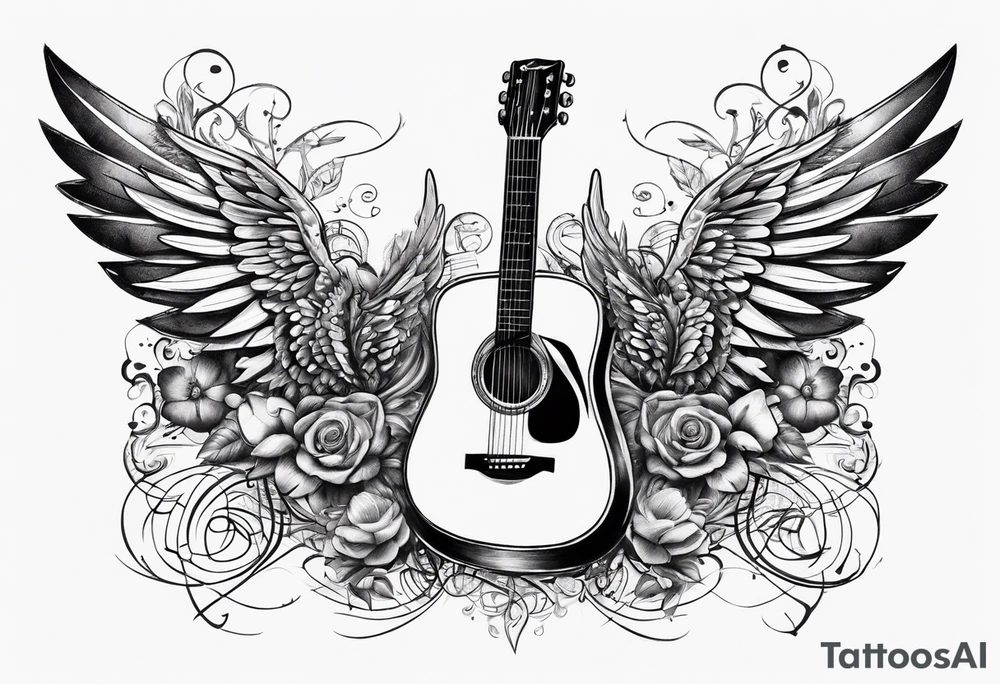 Microphone and musical notes and guitar and wings and female tattoo idea