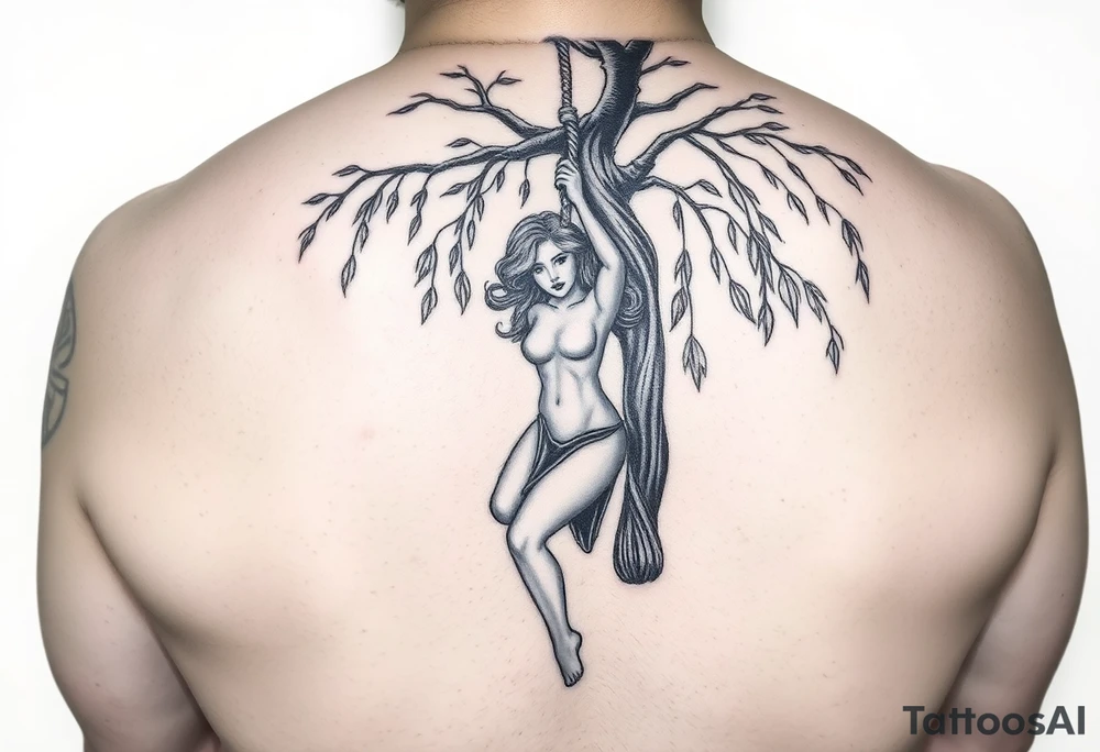 Fat sexy woman hanging with a noose off a weeping willow tree tattoo idea